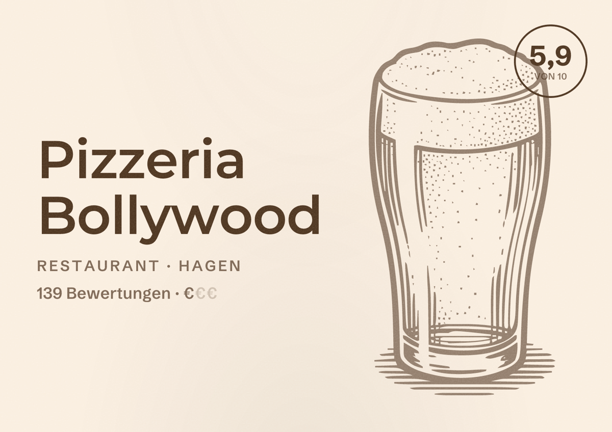 Illustriertes Poster von Pizzeria Bollywood, Restaurant in Hagen: Bewertung 5,9 von 10 aus 139 Bewertungen, Preisniveau €