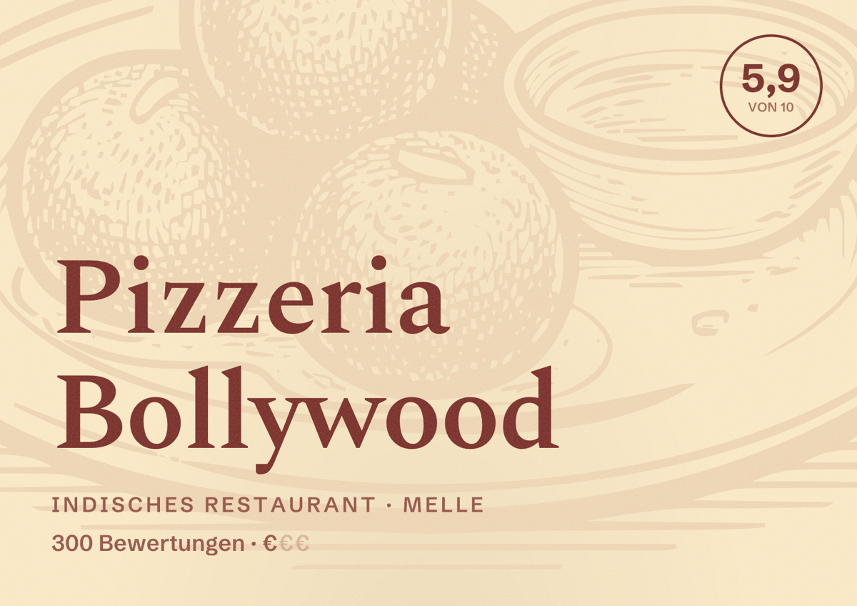 Illustriertes Poster von Pizzeria Bollywood, Indisches Restaurant in Melle: Bewertung 5,9 von 10 aus 300 Bewertungen, Preisniveau €