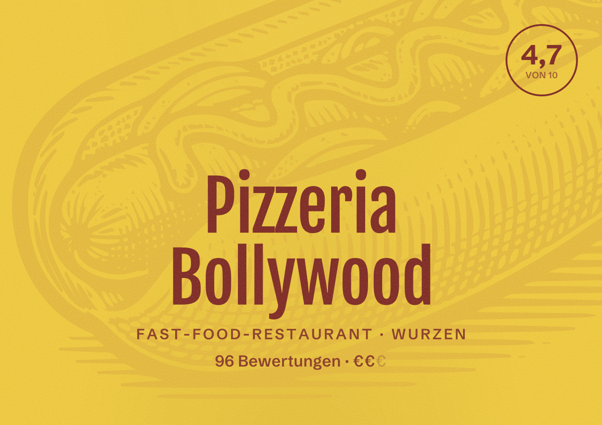Illustriertes Poster von Pizzeria Bollywood, Fast-Food-Restaurant in Wurzen: Bewertung 4,7 von 10 aus 96 Bewertungen, Preisniveau €€