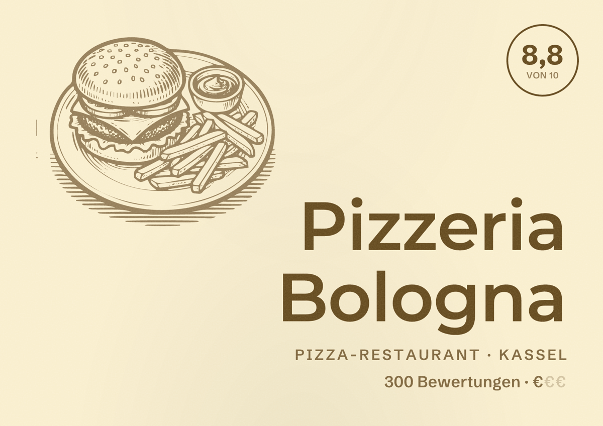Illustriertes Poster von Pizzeria Bologna, Pizza-Restaurant in Kassel: Bewertung 8,8 von 10 aus 300 Bewertungen, Preisniveau €