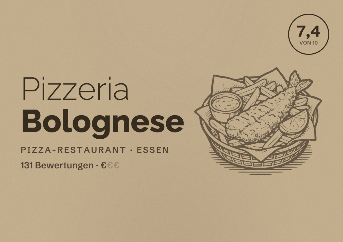 Illustriertes Poster von Pizzeria Bolognese, Pizza-Restaurant in Essen: Bewertung 7,4 von 10 aus 131 Bewertungen, Preisniveau €