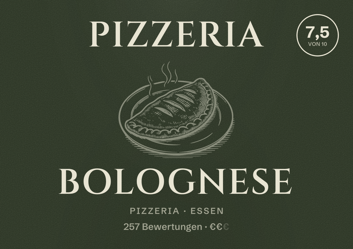 Illustriertes Poster von Pizzeria Bolognese, Pizzeria in Essen: Bewertung 7,5 von 10 aus 257 Bewertungen, Preisniveau €€