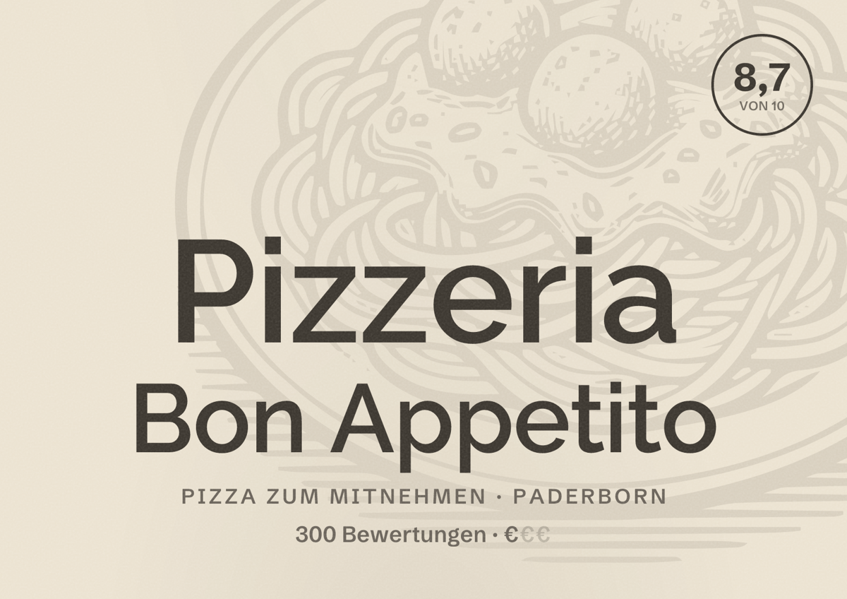 Illustriertes Poster von Pizzeria Bon Appetito, Pizza zum Mitnehmen in Paderborn: Bewertung 8,7 von 10 aus 300 Bewertungen, Preisniveau €