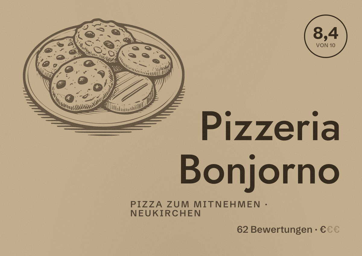 Illustriertes Poster von Pizzeria Bonjorno, Pizza zum Mitnehmen in Neukirchen: Bewertung 8,4 von 10 aus 62 Bewertungen, Preisniveau €