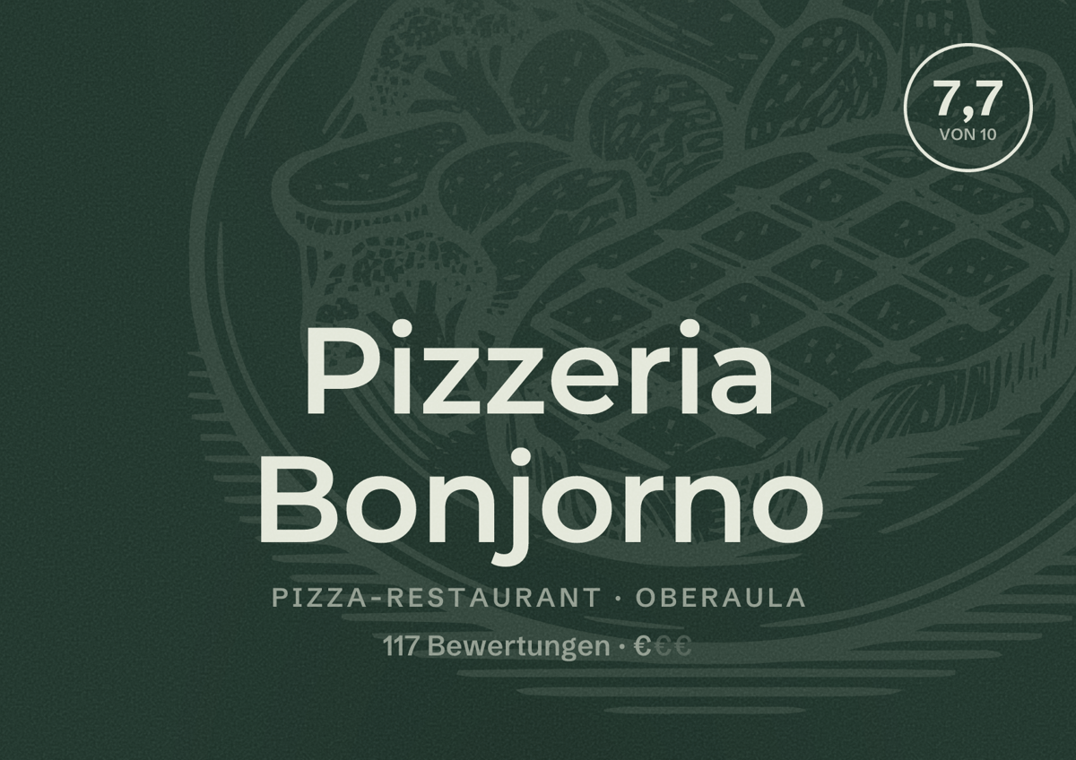 Illustriertes Poster von Pizzeria Bonjorno, Pizza-Restaurant in Oberaula: Bewertung 7,7 von 10 aus 117 Bewertungen, Preisniveau €