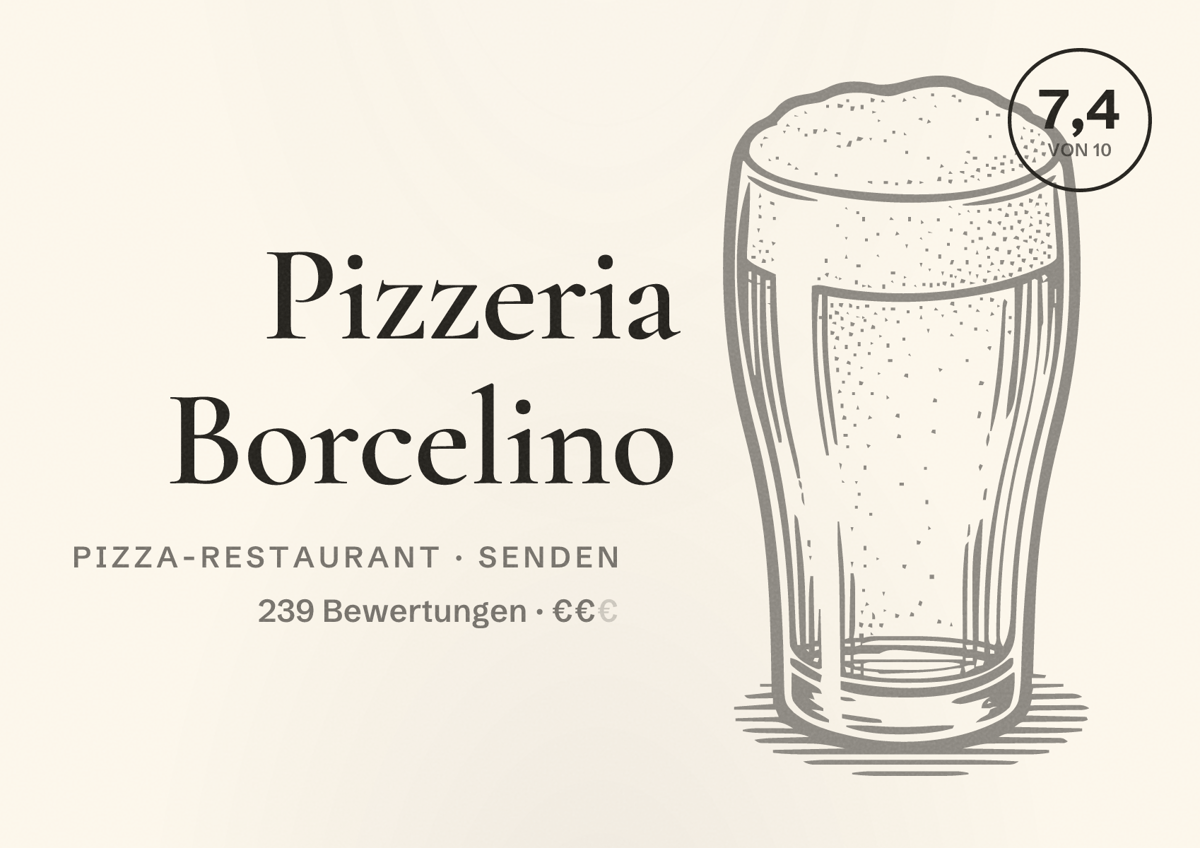 Illustriertes Poster von Pizzeria Borcelino, Pizza-Restaurant in Senden: Bewertung 7,4 von 10 aus 239 Bewertungen, Preisniveau €€