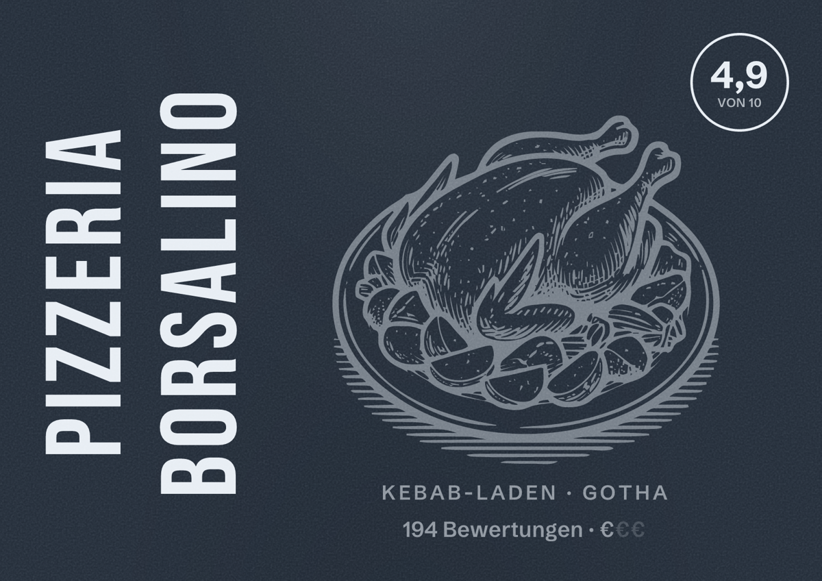 Illustriertes Poster von Pizzeria Borsalino, Kebab-Laden in Gotha: Bewertung 4,9 von 10 aus 194 Bewertungen, Preisniveau €