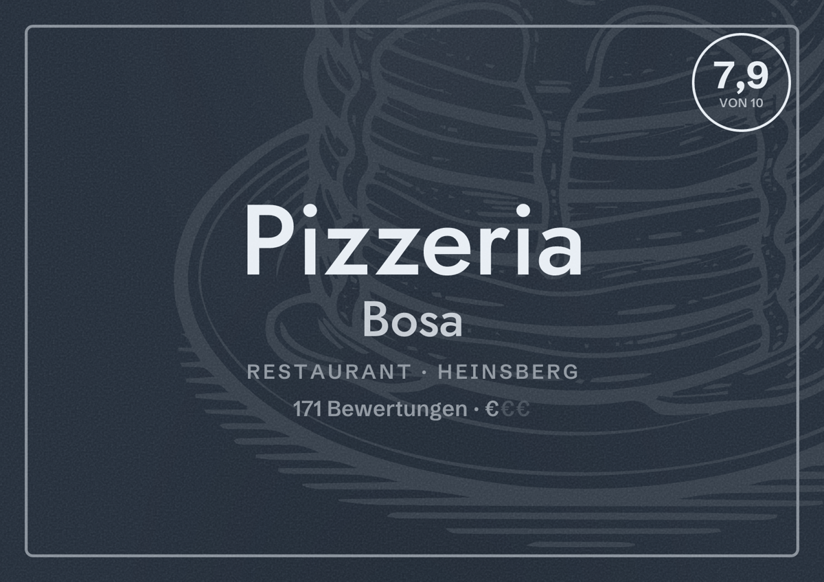 Illustriertes Poster von Pizzeria Bosa, Restaurant in Heinsberg: Bewertung 7,9 von 10 aus 171 Bewertungen, Preisniveau €
