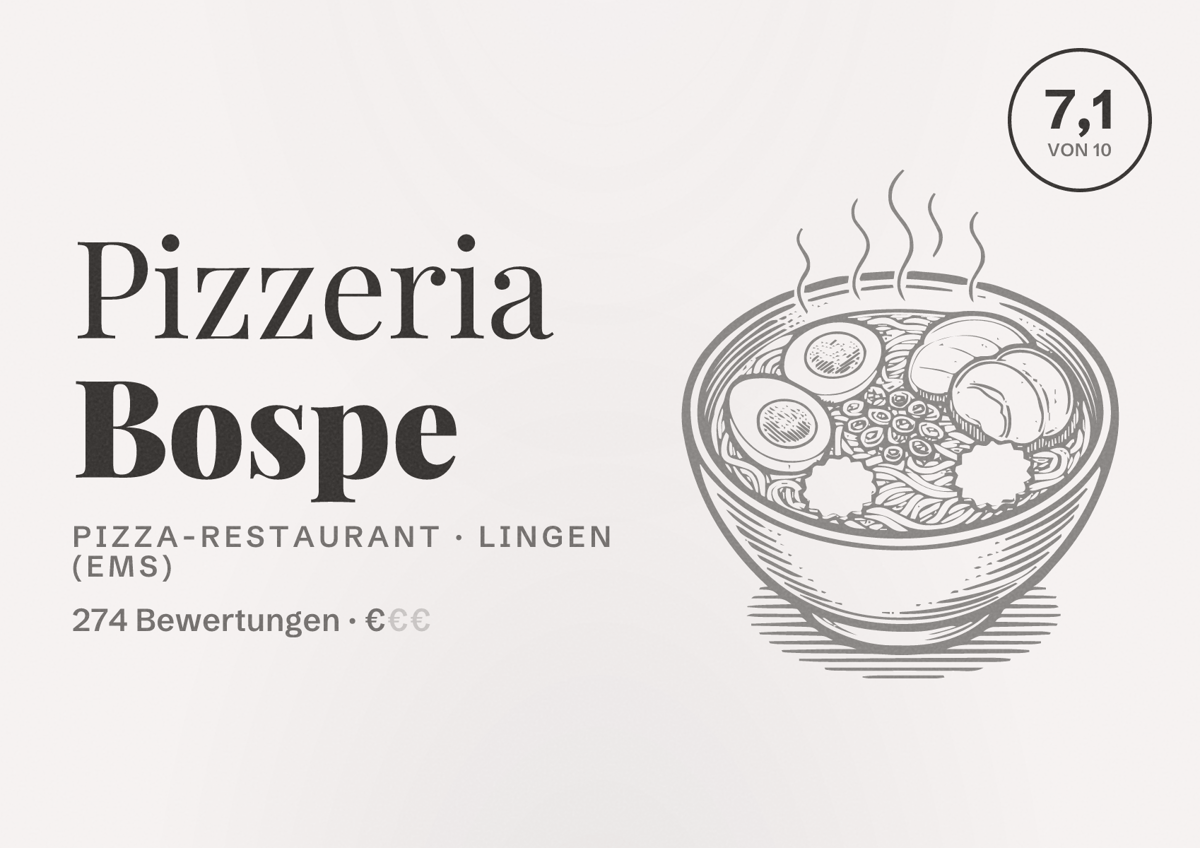 Illustriertes Poster von Pizzeria Bospe, Pizza-Restaurant in Lingen (Ems): Bewertung 7,1 von 10 aus 274 Bewertungen, Preisniveau €