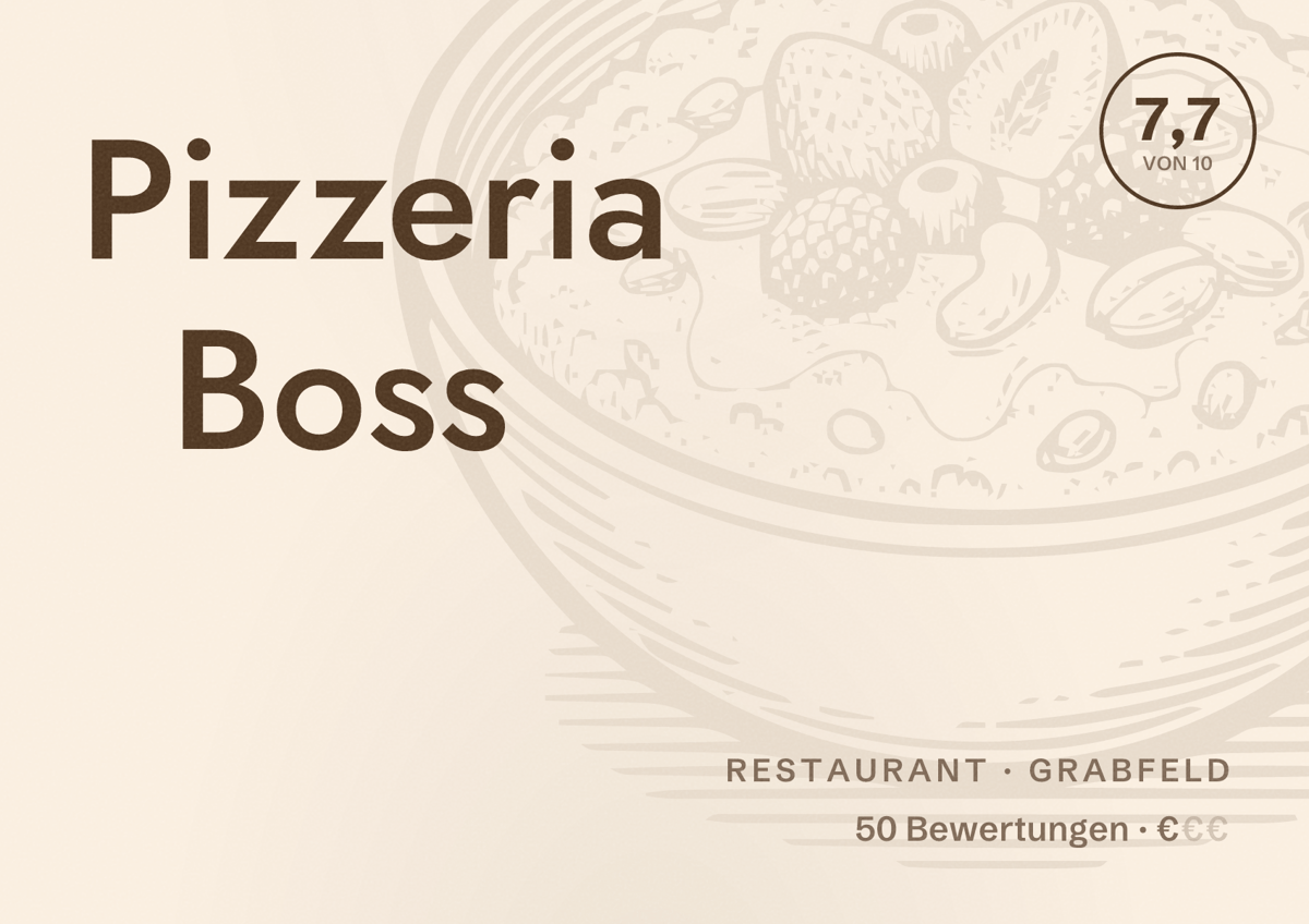 Illustriertes Poster von Pizzeria Boss, Restaurant in Grabfeld: Bewertung 7,7 von 10 aus 50 Bewertungen, Preisniveau €