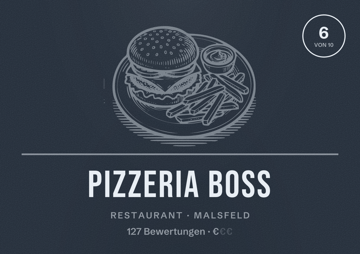 Illustriertes Poster von Pizzeria Boss, Restaurant in Malsfeld: Bewertung 6 von 10 aus 127 Bewertungen, Preisniveau €