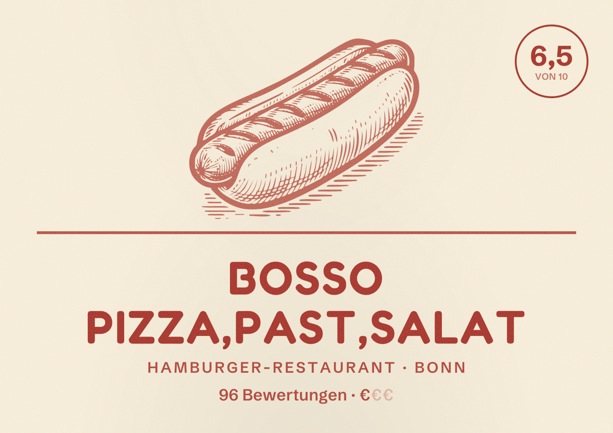 Illustriertes Poster von BOSSO PIZZA,PAST,SALAT, Hamburger-Restaurant in Bonn: Bewertung 6,5 von 10 aus 96 Bewertungen, Preisniveau €