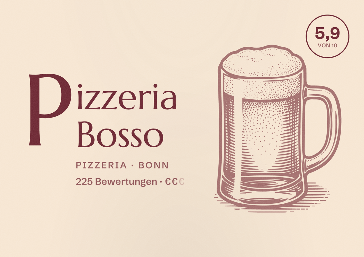 Illustriertes Poster von Pizzeria Bosso, Pizzeria in Bonn: Bewertung 5,9 von 10 aus 225 Bewertungen, Preisniveau €€