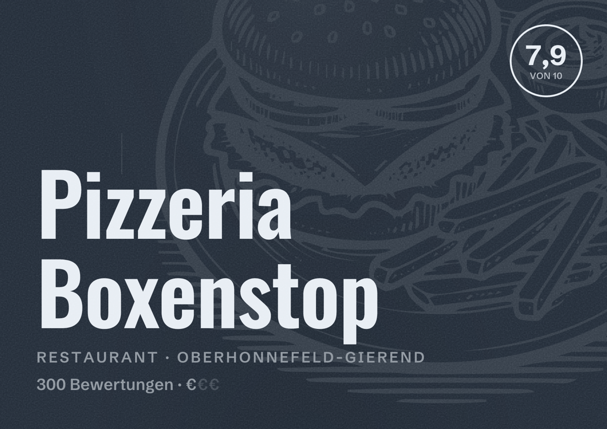 Illustriertes Poster von Pizzeria Boxenstop, Restaurant in Oberhonnefeld-Gierend: Bewertung 7,9 von 10 aus 300 Bewertungen, Preisniveau €