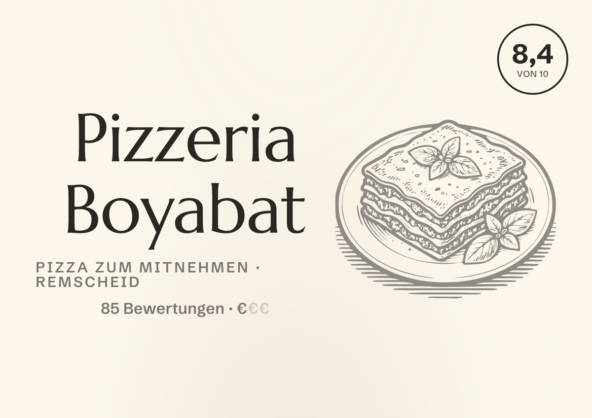 Illustriertes Poster von Pizzeria Boyabat, Pizza zum Mitnehmen in Remscheid: Bewertung 8,4 von 10 aus 85 Bewertungen, Preisniveau €