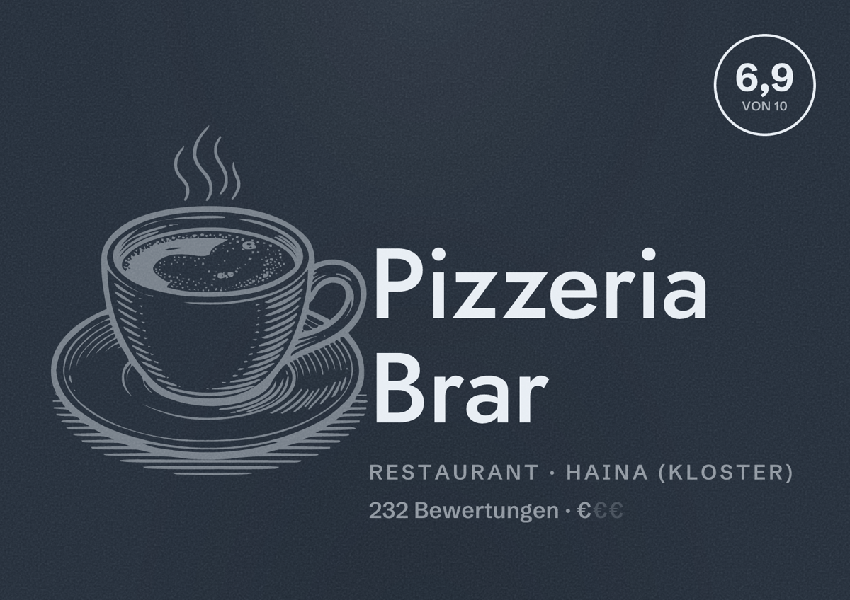 Illustriertes Poster von Pizzeria Brar, Restaurant in Haina (Kloster): Bewertung 6,9 von 10 aus 232 Bewertungen, Preisniveau €