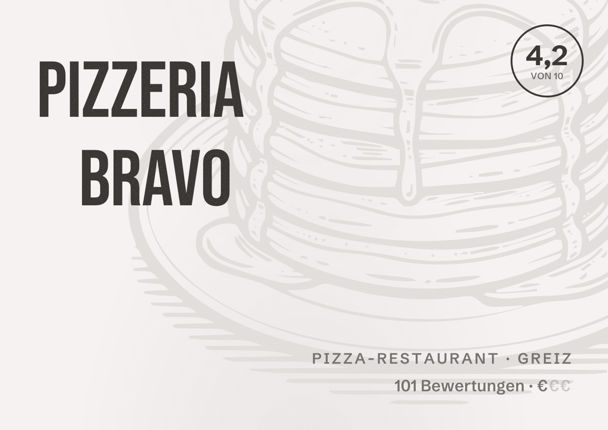Illustriertes Poster von Pizzeria Bravo, Pizza-Restaurant in Greiz: Bewertung 4,2 von 10 aus 101 Bewertungen, Preisniveau €