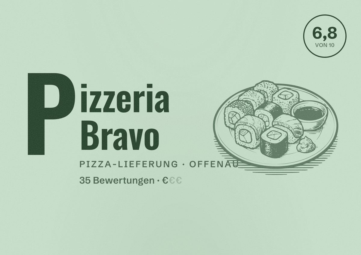 Illustriertes Poster von Pizzeria Bravo, Pizza-Lieferung in Offenau: Bewertung 6,8 von 10 aus 35 Bewertungen, Preisniveau €