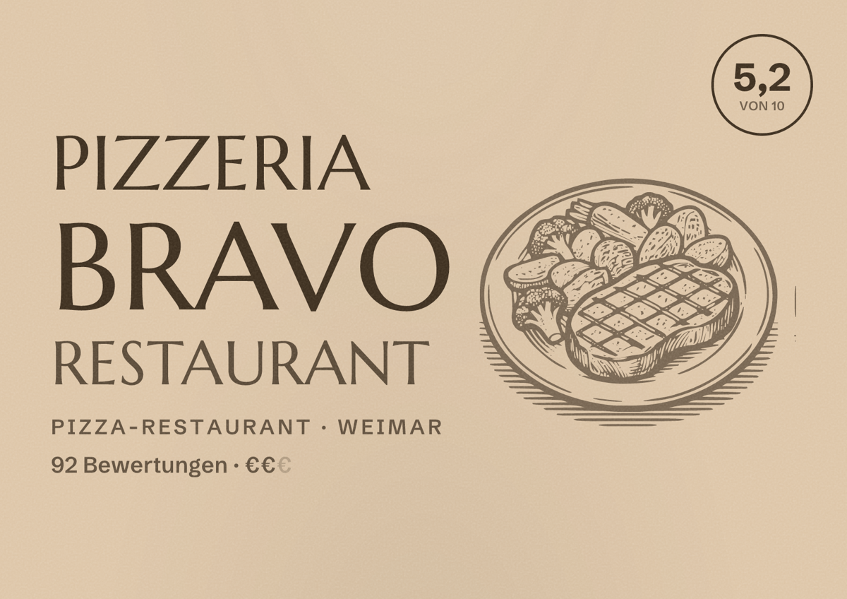 Illustriertes Poster von Pizzeria Bravo Restaurant, Pizza-Restaurant in Weimar: Bewertung 5,2 von 10 aus 92 Bewertungen, Preisniveau €€