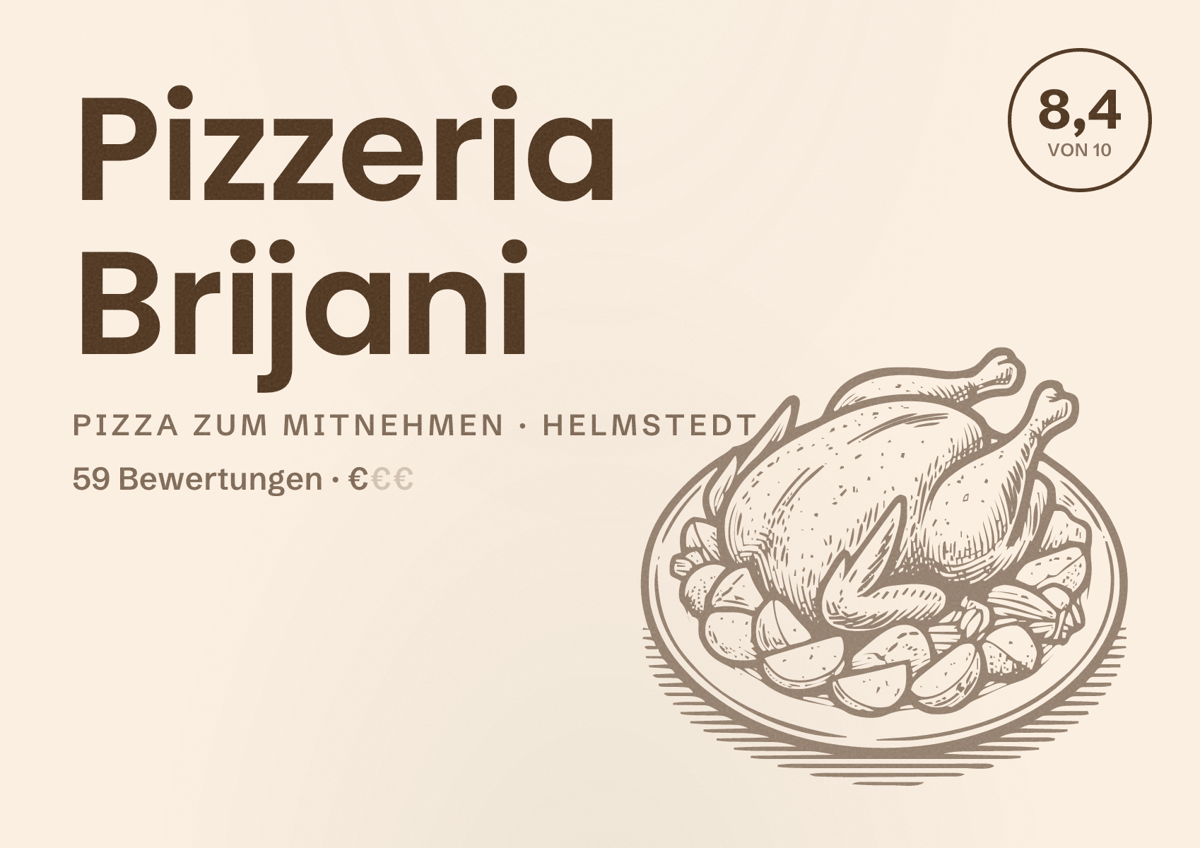 Illustriertes Poster von Pizzeria Brijani, Pizza zum Mitnehmen in Helmstedt: Bewertung 8,4 von 10 aus 59 Bewertungen, Preisniveau €