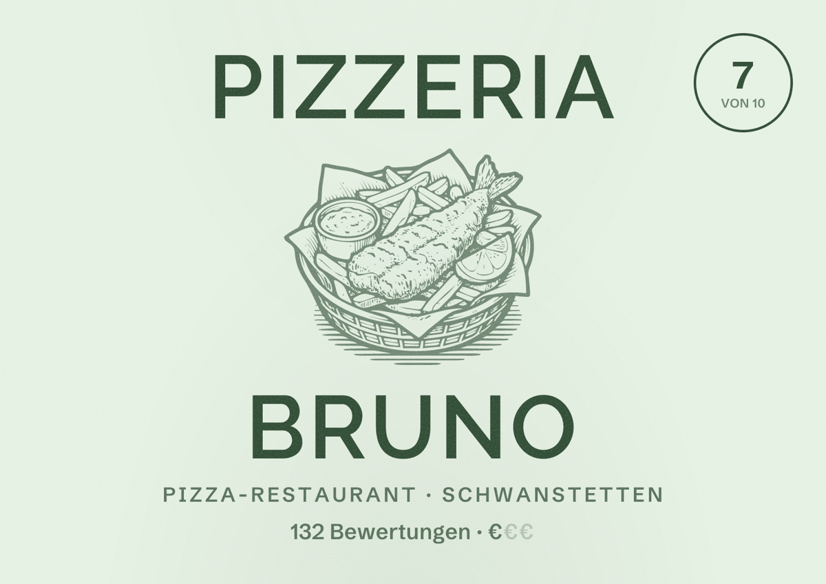 Illustriertes Poster von Pizzeria Bruno, Pizza-Restaurant in Schwanstetten: Bewertung 7 von 10 aus 132 Bewertungen, Preisniveau €