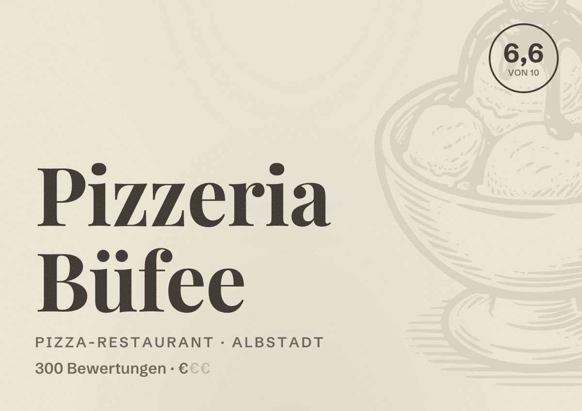Illustriertes Poster von Pizzeria Büfee, Pizza-Restaurant in Albstadt: Bewertung 6,6 von 10 aus 300 Bewertungen, Preisniveau €