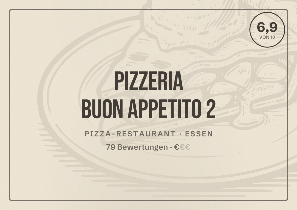Illustriertes Poster von Pizzeria Buon Appetito 2, Pizza-Restaurant in Essen: Bewertung 6,9 von 10 aus 79 Bewertungen, Preisniveau €