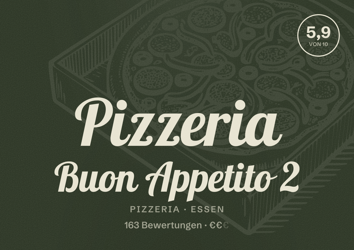 Illustriertes Poster von Pizzeria Buon Appetito 2, Pizzeria in Essen: Bewertung 5,9 von 10 aus 163 Bewertungen, Preisniveau €€