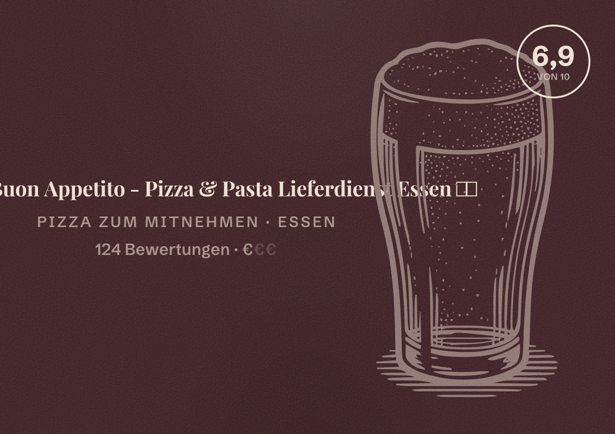 Illustriertes Poster von Pizzeria Buon Appetito - Pizza & Pasta Lieferdienst Essen 🍕🍝, Pizza zum Mitnehmen in Essen: Bewertung 6,9 von 10 aus 124 Bewertungen, Preisniveau €