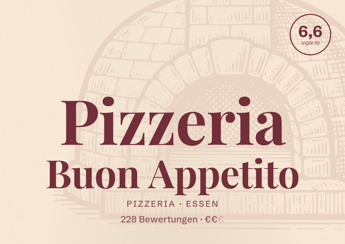 Illustriertes Poster von Pizzeria Buon Appetito, Pizzeria in Essen: Bewertung 6,6 von 10 aus 228 Bewertungen, Preisniveau €€