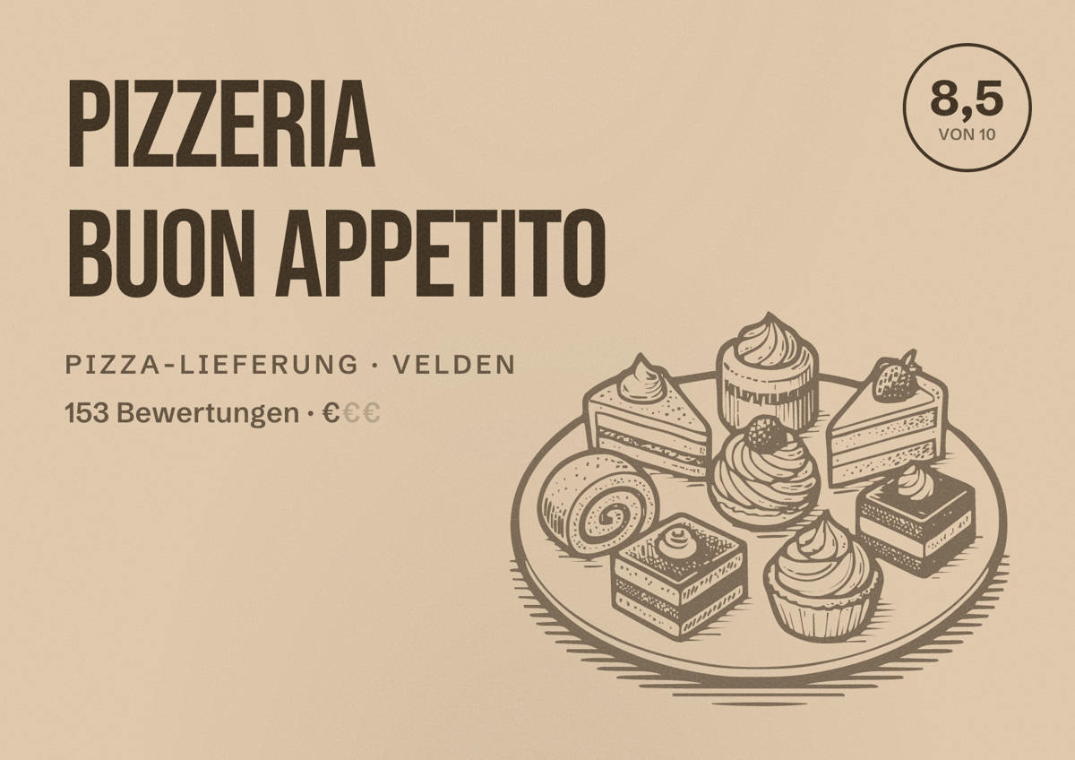 Illustriertes Poster von Pizzeria Buon Appetito, Pizza-Lieferung in Velden: Bewertung 8,5 von 10 aus 153 Bewertungen, Preisniveau €