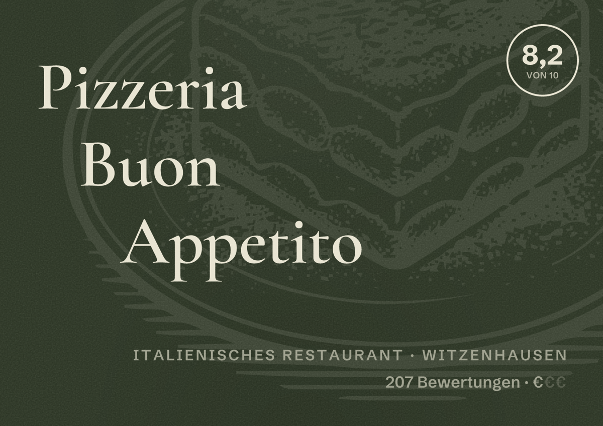 Illustriertes Poster von Pizzeria Buon Appetito, Italienisches Restaurant in Witzenhausen: Bewertung 8,2 von 10 aus 207 Bewertungen, Preisniveau €