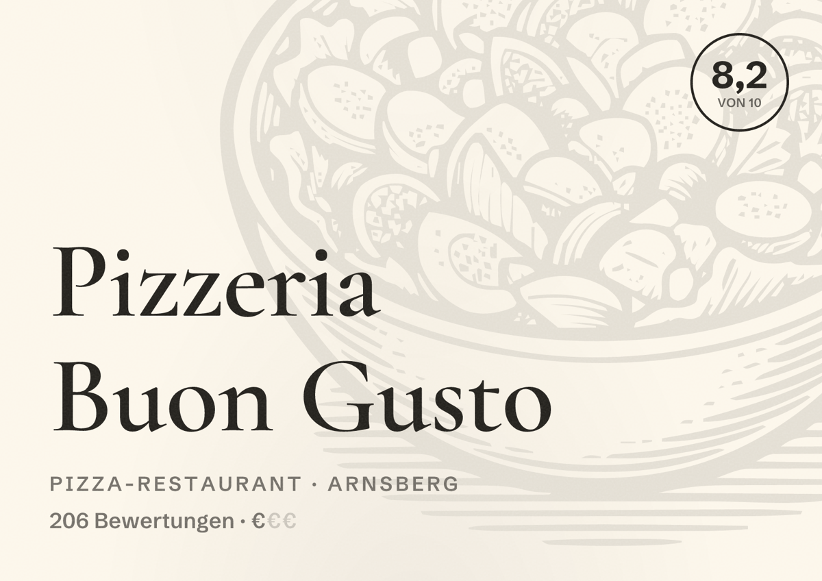 Illustriertes Poster von Pizzeria Buon Gusto, Pizza-Restaurant in Arnsberg: Bewertung 8,2 von 10 aus 206 Bewertungen, Preisniveau €