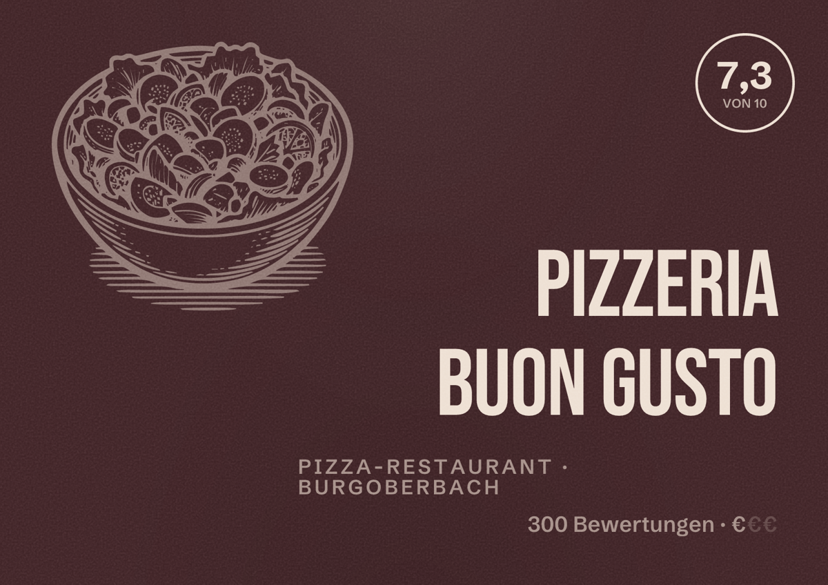 Illustriertes Poster von Pizzeria Buon Gusto, Pizza-Restaurant in Burgoberbach: Bewertung 7,3 von 10 aus 300 Bewertungen, Preisniveau €
