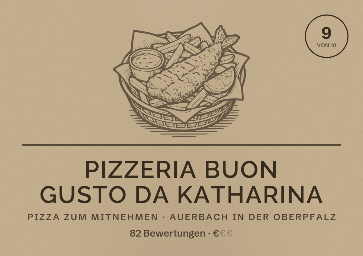 Illustriertes Poster von Pizzeria Buon Gusto da Katharina, Pizza zum Mitnehmen in Auerbach in der Oberpfalz: Bewertung 9 von 10 aus 82 Bewertungen, Preisniveau €