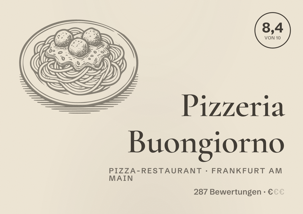 Illustriertes Poster von Pizzeria Buongiorno, Pizza-Restaurant in Frankfurt am Main: Bewertung 8,4 von 10 aus 287 Bewertungen, Preisniveau €