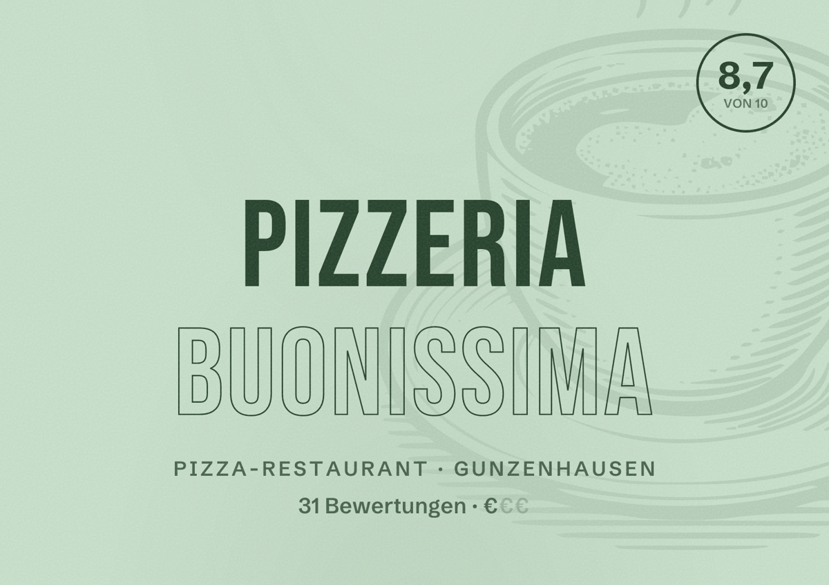Illustriertes Poster von Pizzeria Buonissima, Pizza-Restaurant in Gunzenhausen: Bewertung 8,7 von 10 aus 31 Bewertungen, Preisniveau €