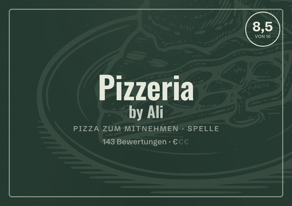 Illustriertes Poster von Pizzeria by Ali, Pizza zum Mitnehmen in Spelle: Bewertung 8,5 von 10 aus 143 Bewertungen, Preisniveau €