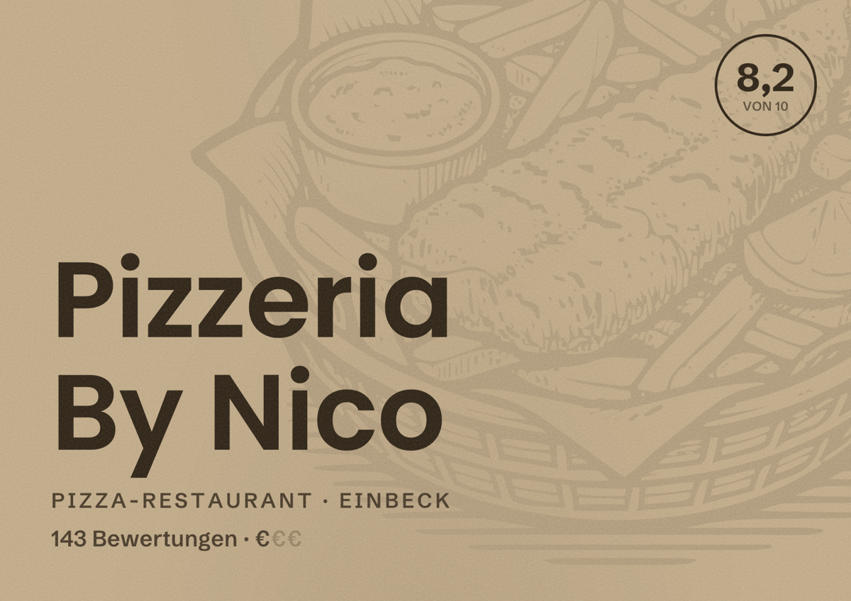 Illustriertes Poster von Pizzeria By Nico, Pizza-Restaurant in Einbeck: Bewertung 8,2 von 10 aus 143 Bewertungen, Preisniveau €