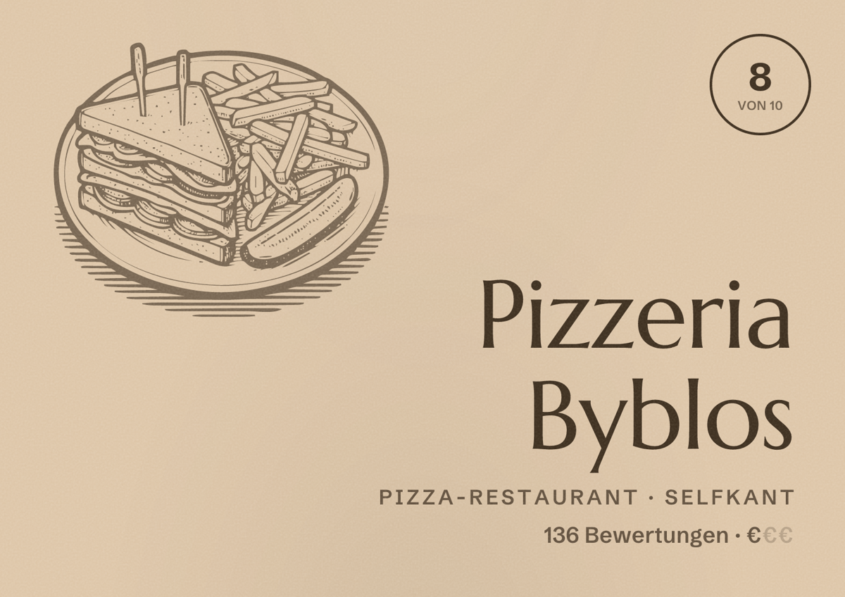 Illustriertes Poster von Pizzeria Byblos, Pizza-Restaurant in Selfkant: Bewertung 8 von 10 aus 136 Bewertungen, Preisniveau €