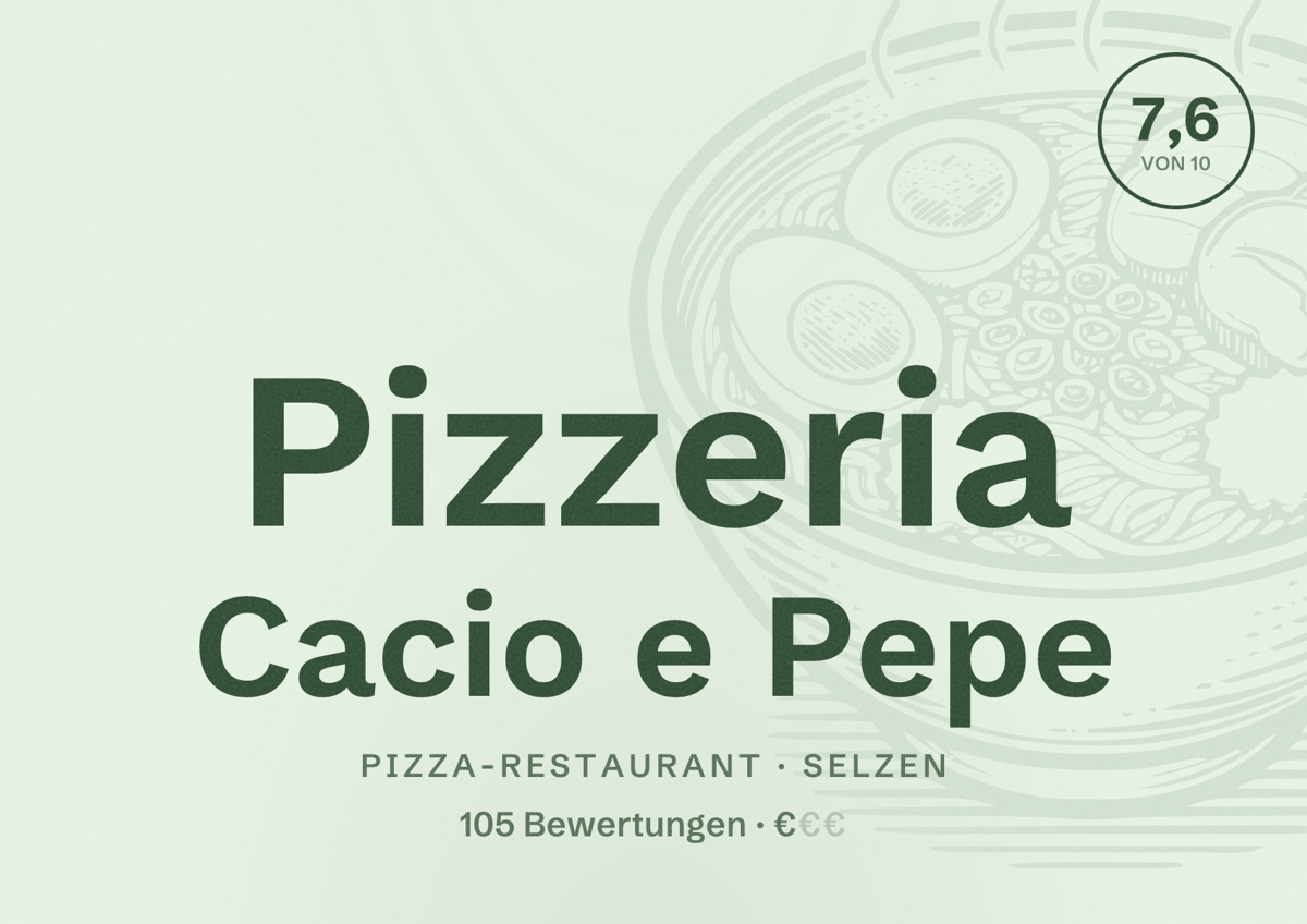 Illustriertes Poster von Pizzeria Cacio e Pepe, Pizza-Restaurant in Selzen: Bewertung 7,6 von 10 aus 105 Bewertungen, Preisniveau €