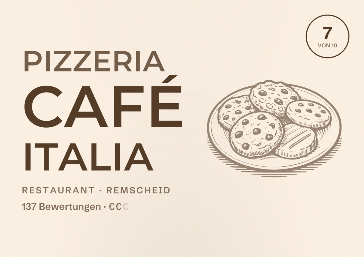 Illustriertes Poster von Pizzeria Café Italia, Restaurant in Remscheid: Bewertung 7 von 10 aus 137 Bewertungen, Preisniveau €€