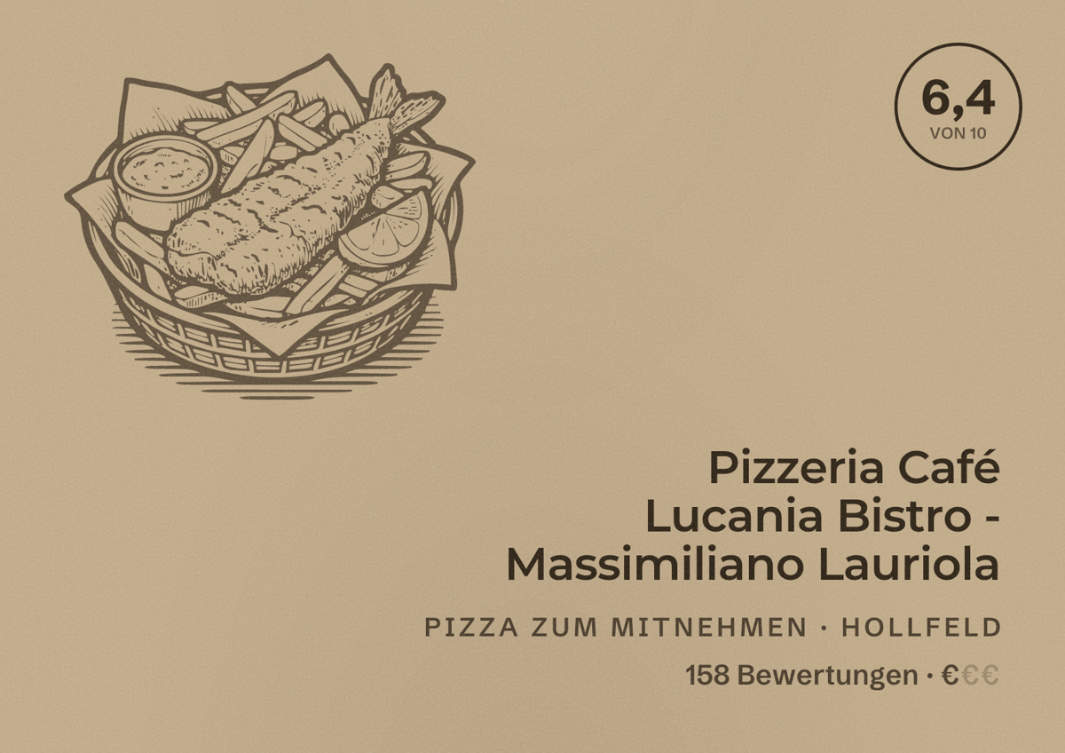 Illustriertes Poster von Pizzeria Café Lucania Bistro - Massimiliano Lauriola, Pizza zum Mitnehmen in Hollfeld: Bewertung 6,4 von 10 aus 158 Bewertungen, Preisniveau €