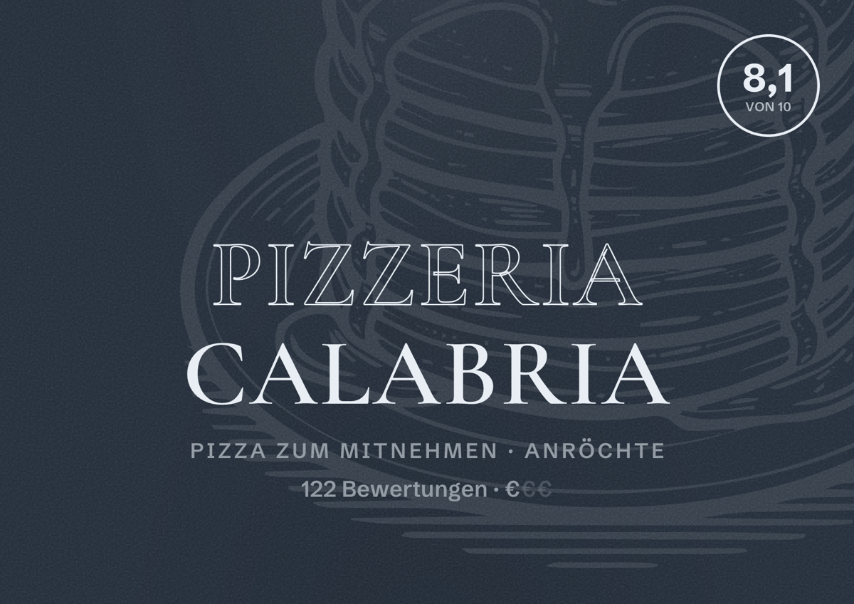 Illustriertes Poster von Pizzeria Calabria, Pizza zum Mitnehmen in Anröchte: Bewertung 8,1 von 10 aus 122 Bewertungen, Preisniveau €