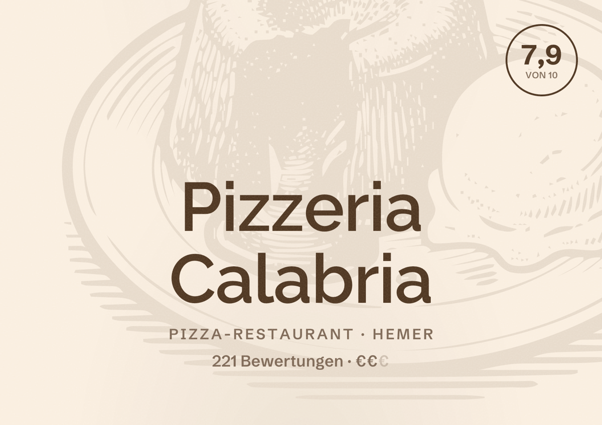 Illustriertes Poster von Pizzeria Calabria, Pizza-Restaurant in Hemer: Bewertung 7,9 von 10 aus 221 Bewertungen, Preisniveau €€