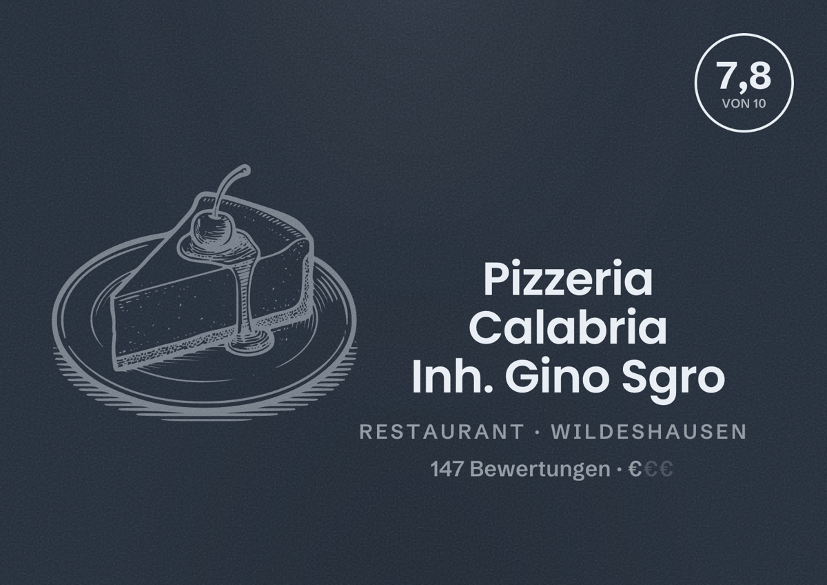 Illustriertes Poster von Pizzeria Calabria Inh. Gino Sgro, Restaurant in Wildeshausen: Bewertung 7,8 von 10 aus 147 Bewertungen, Preisniveau €