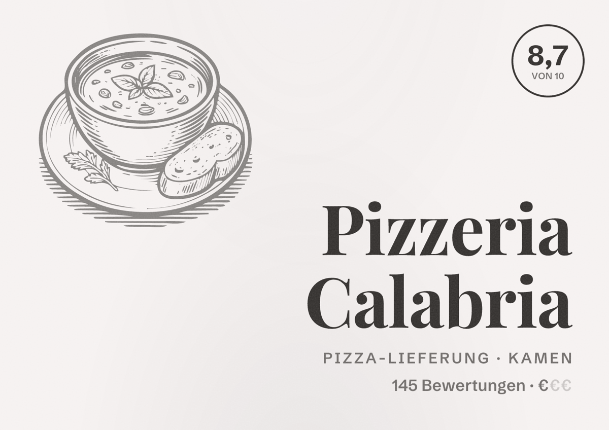 Illustriertes Poster von Pizzeria Calabria, Pizza-Lieferung in Kamen: Bewertung 8,7 von 10 aus 145 Bewertungen, Preisniveau €