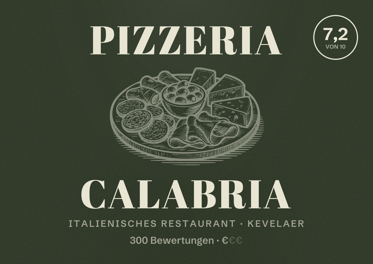 Illustriertes Poster von Pizzeria Calabria, Italienisches Restaurant in Kevelaer: Bewertung 7,2 von 10 aus 300 Bewertungen, Preisniveau €