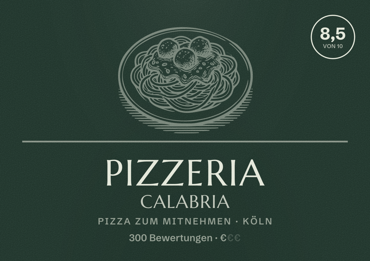 Illustriertes Poster von Pizzeria Calabria, Pizza zum Mitnehmen in Köln: Bewertung 8,5 von 10 aus 300 Bewertungen, Preisniveau €