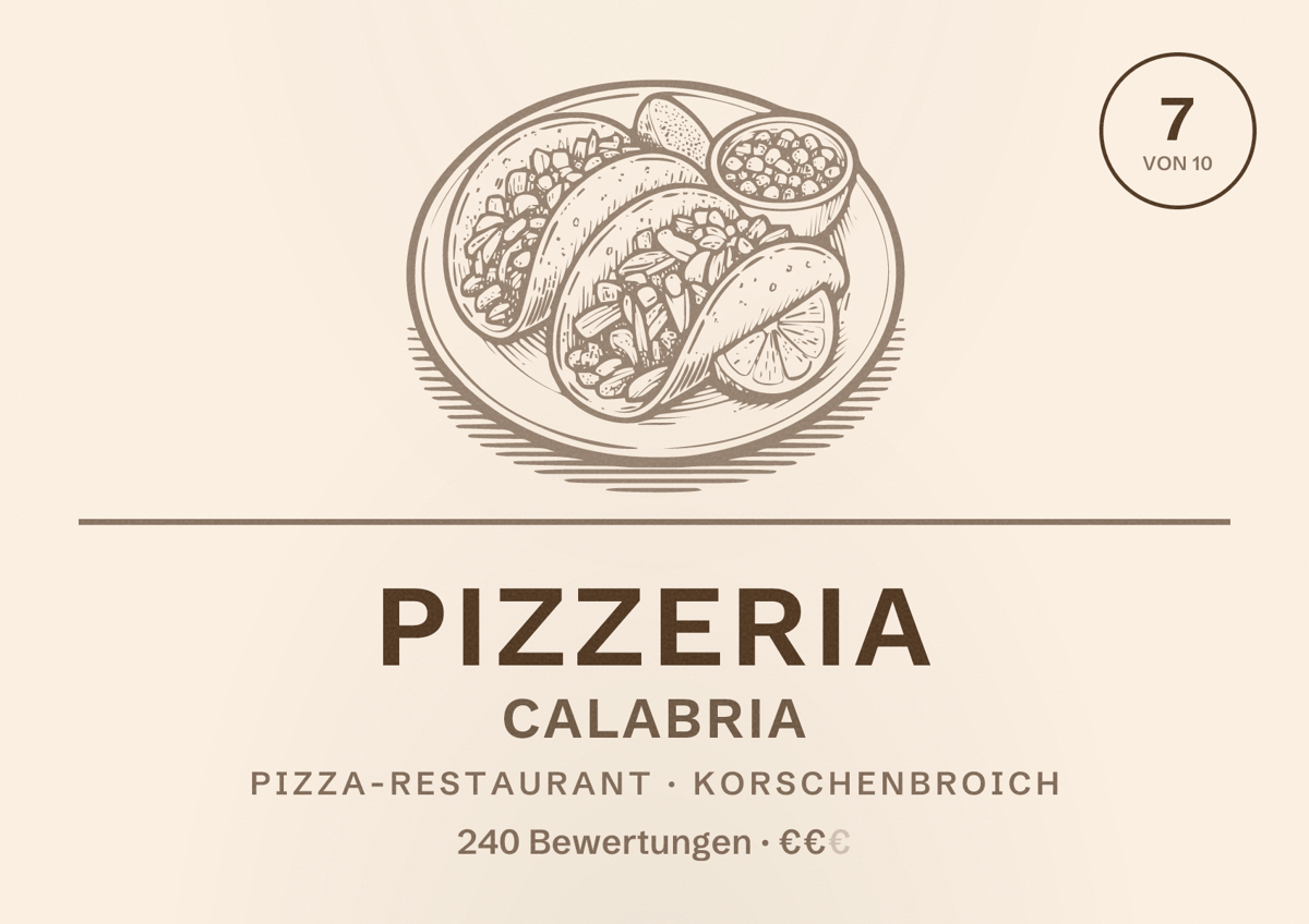 Illustriertes Poster von Pizzeria Calabria, Pizza-Restaurant in Korschenbroich: Bewertung 7 von 10 aus 240 Bewertungen, Preisniveau €€